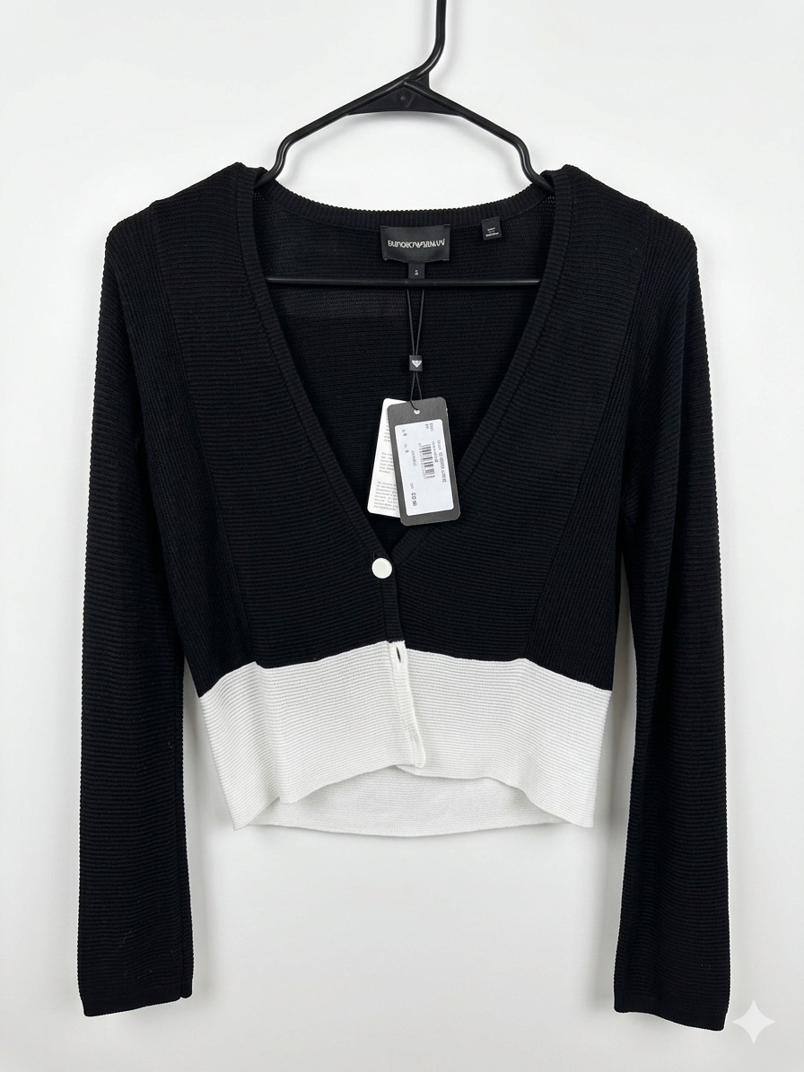Armani Exchange Black And White Cropped V-Neck Cardigan
